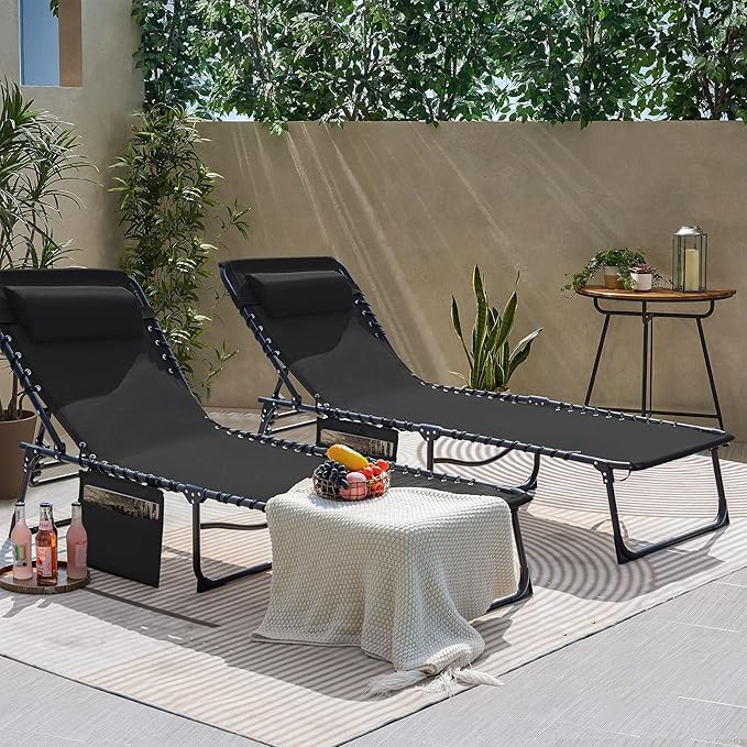 Flamaker Foldable Chaise Lounge Chair 5-Position Adjustable, Tanning Chair with Side Pocket, Outdoor Sunbathing for Pool, Beach, Patio, Lawn, Indoor Recliner Chair for Napping(Black, 1 Pcs)