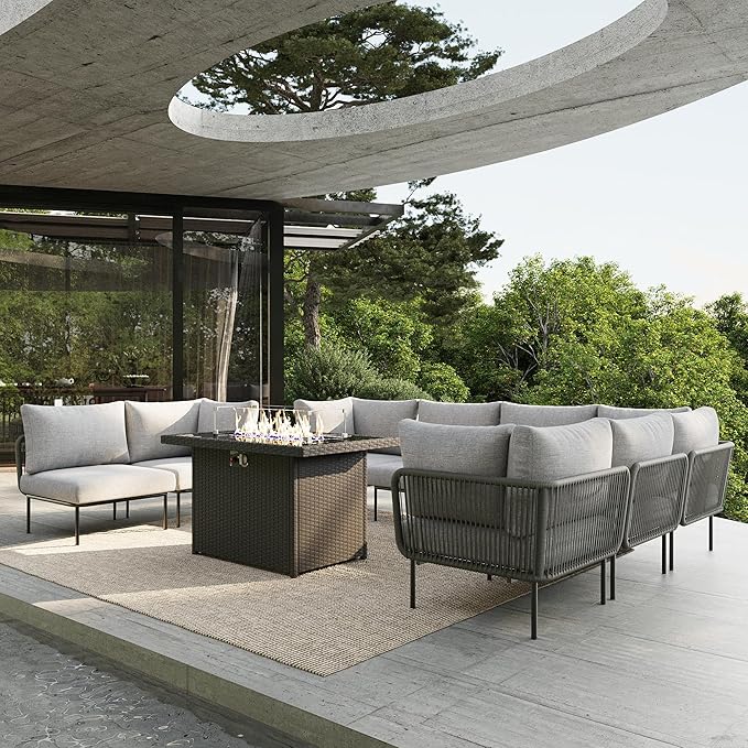 9 Piece Modern Outdoor Rope Wicker Sectional Patio L-Shaped Conversation Sofa Set Deep Seating with Fire Pit Table