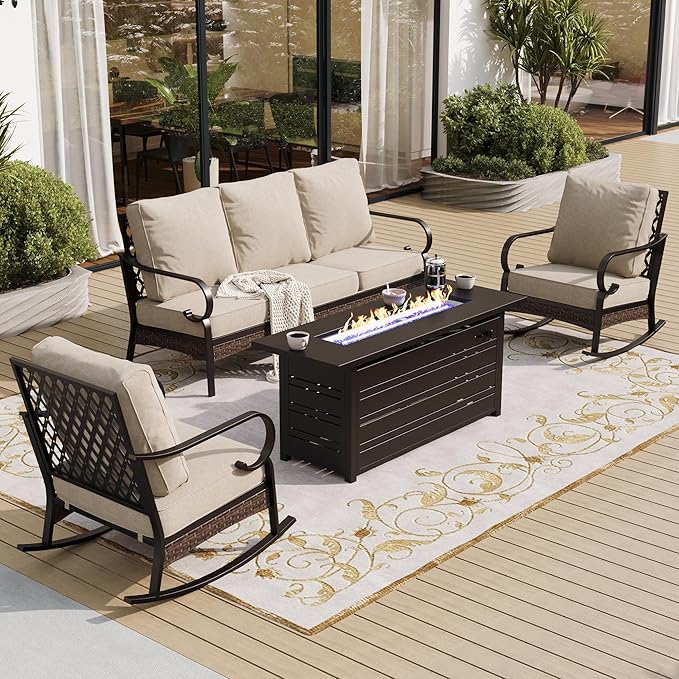 SUNSHINE VALLEY 4 Piece Black Metal Outdoor Patio Furniture Sets with Firepit Table, Patio Conversation Sets 1 3-Seater Sofa, 2 Rocking Sofa with 5.75" Thick Cushion Backyard Furniture for Deck, Beige