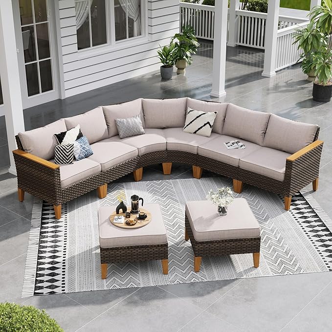 Sophia & William Half Moon Patio Furniture Set 8 Piece Outdoor Sectional Sofa Set, Wicker Patio Conversation Set with 1 Curved Sofa, 2 Armless Chairs, 2 Corner Couch, 2 Ottoman for Deck, Lawn (Beige)
