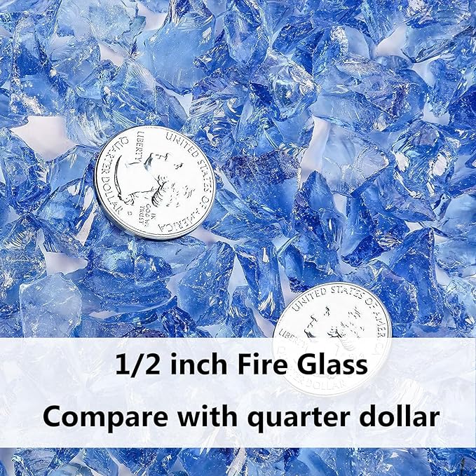 GRISUN Pacific Ocean Blue Fire Glass for Fire Pit, 10 Pounds 1/2 Inch Tempered Glass Rocks for Natural or Propane Fireplace, Safe for Outdoors and Indoors Firepit Glass