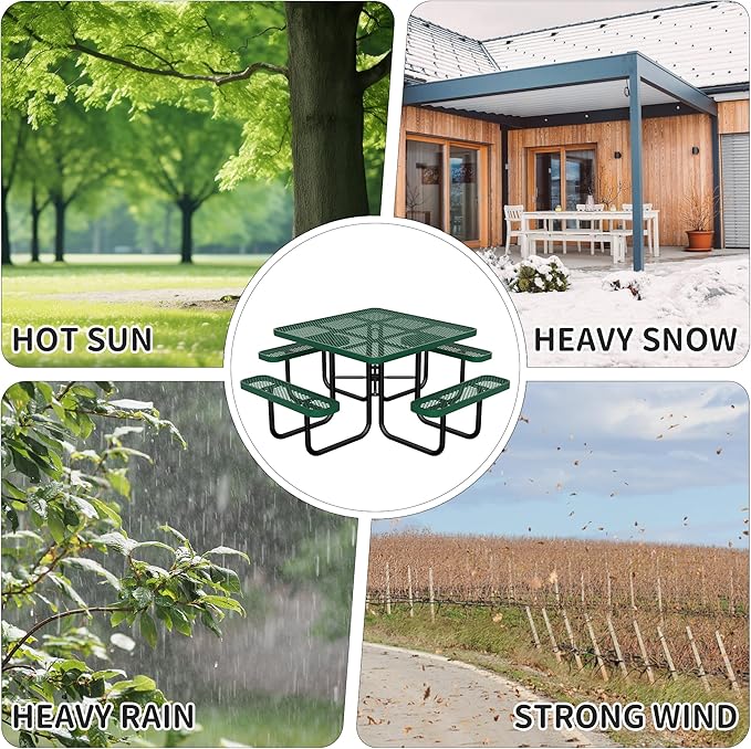 HIMcup 46" Square Picnic Table for Outside,Heavy Duty Metal Picnic Table Bench Set with 2in Umbrella Hole, 1600 lb Capacity,Commercial Dining Table Furniture for Garden Yard Patio Party Coffee Shop