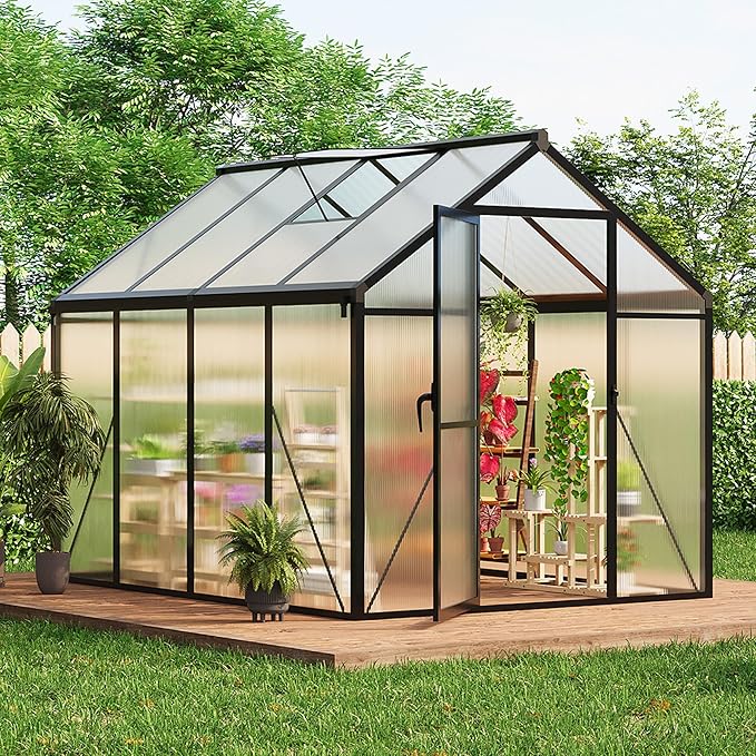 6x8 FT Greenhouse, Polycarbonate Walk-in Greenhouse for Outdoors with Roof Vent & Lockable Outward-Opening Swing Door, Heavy-Duty Aluminum Green House for Garden, Backyard, Patio, Lawn, Dark Grey
