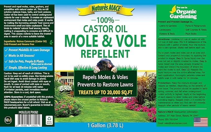 Nature's MACE Mole and Vole Mace, Mole Deterrent for Yard, 1 Gallon, 100% Pure Castor Oil, Lawns, Mole Repellent, Stop Tunneling, Mole Remover Treatment, Castor Oil Repellent, People, Pet, Plant Safe