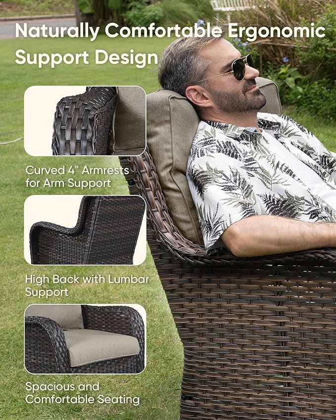 HUMMUH 6-Piece Patio Furniture Set with Fire Pit Table Wicker Outdoor Swivel Rocker Patio Chairs High Back Loveseat Conversation Set for Porch, Backyard, Deck