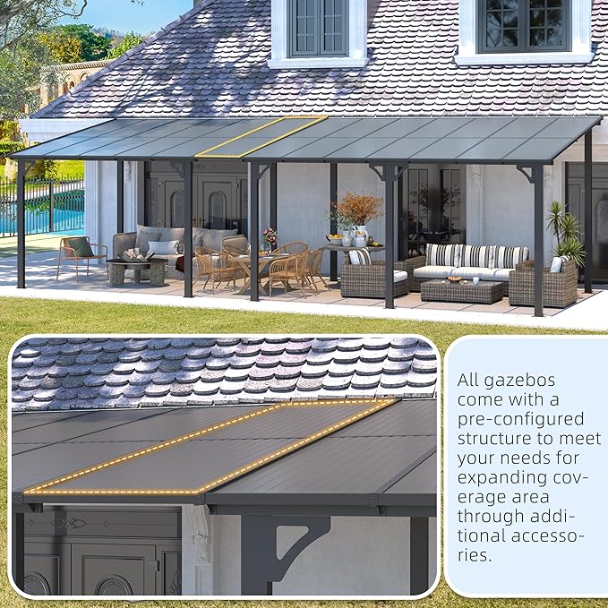 AECOJOY 32' x 12' Gazebo for Patio, Large Wall-Mounted Hard Top Lean-to Gazebo Pergola with Roof 12' x 32' on Clearance, Heavy Duty Patio Awnings for Decks, Backyard