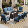 SUNSHINE VALLEY 6 Piece Metal Outdoor Patio Furniture Sets with Firepit Table, Patio Conversation Sets 1 3-Seater Sofa, 4 Single Sofa with 5.75" Extra Cushion Backyard Furniture for Deck, Denim Blue