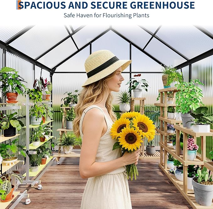 Garvee 6 x 6 FT Outdoor Greenhouse, Polycarbonate Greenhouses with Aluminum Frame, Sliding Door, Adjustable Roof Vent for Backyard, Green Houses for Outside Garden Backyard, Patio, Black