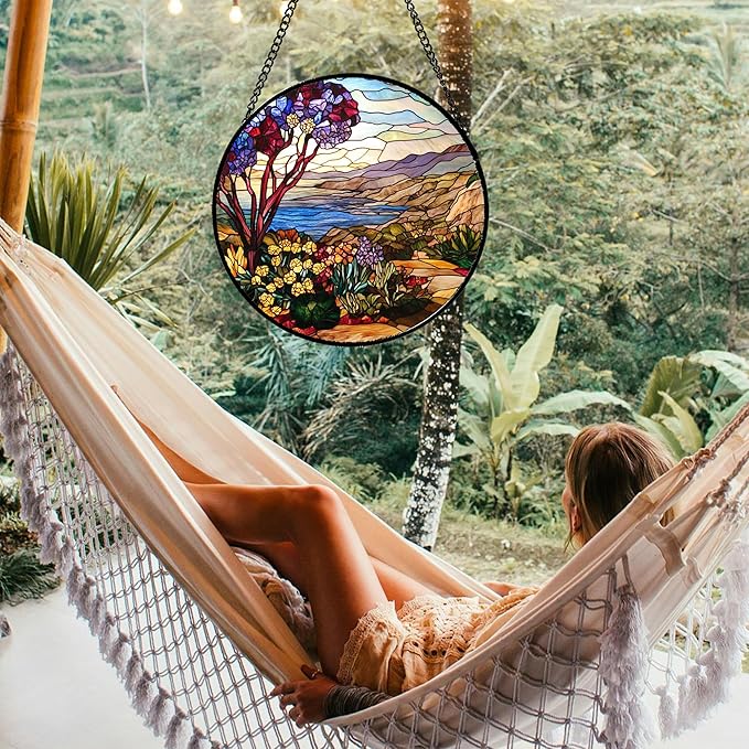 QZQCBLC Stained Glass Window Hanging Retro Wildflowers Lake Mountain Scenery 7.8" - Suncatcher Door Garden Sun Catcher Home Decor Birthday Christmas for Mom Men Woman Friend