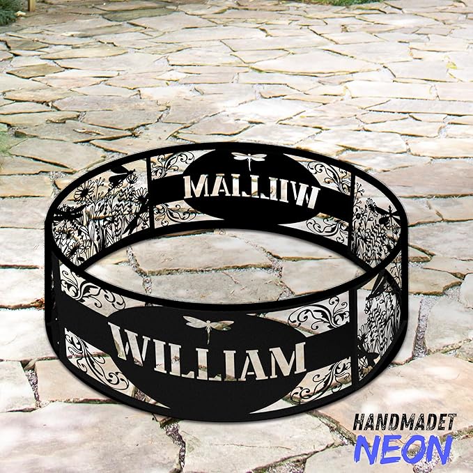 Personalized Fire Pit Ring Dragonfly Custom Name Garden Metal Ring Campfire Stove 360 Degree Firepit Outdoor BBQs Backyard Camping Yard Decor Gifts for Father Nature Lover