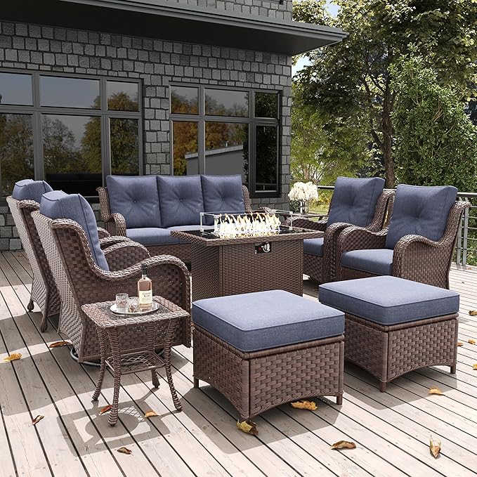 LayinSun 10Pcs Patio Furniture Set with Fire Pit Table, Rattan Wicker Swivel Rocker Chairs, Glider, Single Chairs, Ottomans & Coffee Table (Brown/Navy), Modern Style