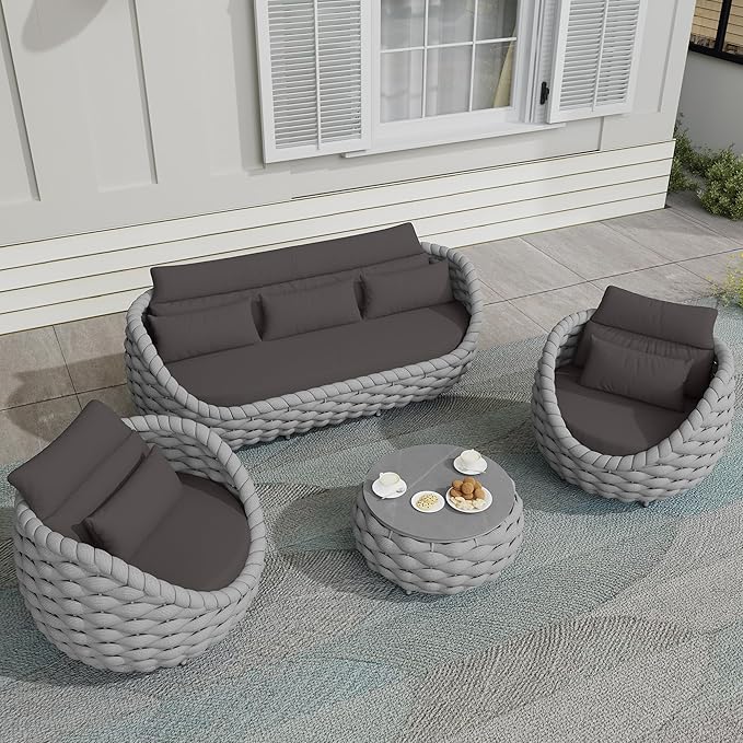 TWT 6-Piece Aluminum Patio Furniture Set, Modern Outdoor Conversation Set Sectional Sofa with Water Repellent Thick Cushions and Coffee Table for Balcony, Garden