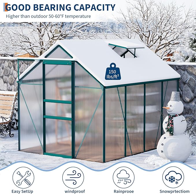 Garvee 6 x 8 FT Outdoor Greenhouse, Polycarbonate Greenhouses with Aluminum Frame, Sliding Door, Adjustable Roof Vent for Backyard, Green Houses for Outside Garden Backyard, Patio, Green