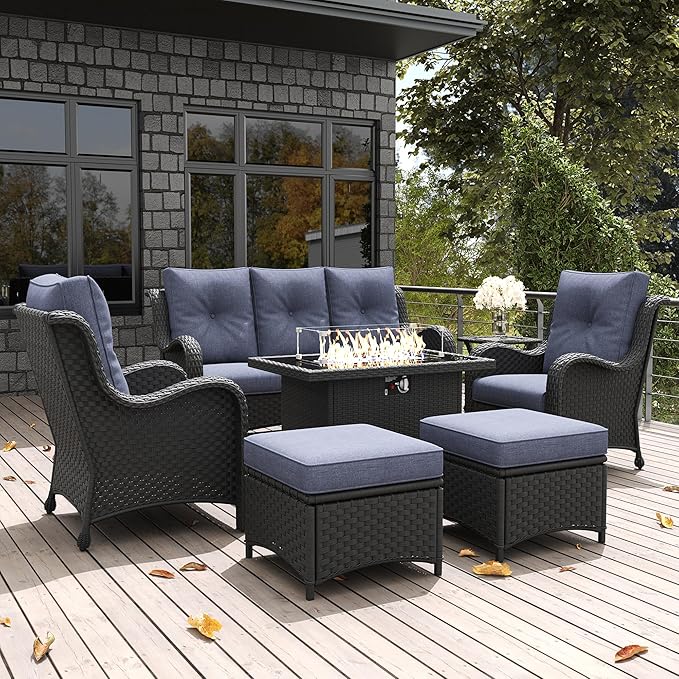 LayinSun 7 Pieces Outdoor Patio Furniture Set with Fire Pit Table, Rattan Wicker Sectional Chairs Sets with Ottomans, Single Chairs and Coffee Table