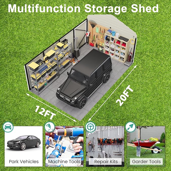 EROMMY 12x20 FT Heavy Duty Carport - Galvanized Steel Frame Car Shelter with Reinforced Base, Enclosed Storage Shed for Cars & Trucks, Gray