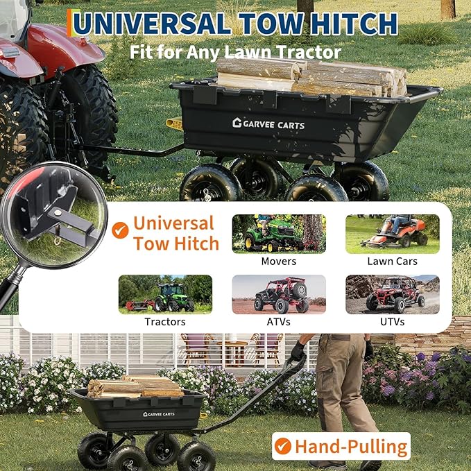 GarveeLife 1400lbs 7Cu.Ft. Garden Dump Cart Tow Behind with 2-in-1 Convertible Handle and 13in All Terrain Wheels, Heavy Duty Poly Pull Behind Yard Dump Wagon ATV Trailer for Lawn Mower Tractor