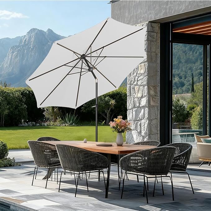 9FT Large Outdoor Patio Umbrella Market Table Umbrella-UV Resistant, Easy Push Button Tilt and Crank, 8 Sturdy Ribs Heavy-Duty Pool Umbrella for Deck, Backyard,Garden,White