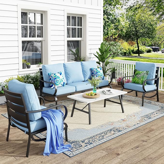 MFSTUDIO 4 Pieces Patio Conversation Sets(5 Seat),Outdoor Metal Furniture Sofas with 1 Loveseat(3 Seat), 2 Single Chairs,1 Coffee Table,Wrought Iron with Blue Cushion for Patio Courtyard Balcony