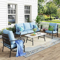 MFSTUDIO 4 Pieces Patio Conversation Sets(5 Seat),Outdoor Metal Furniture Sofas with 1 Loveseat(3 Seat), 2 Single Chairs,1 Coffee Table,Wrought Iron with Blue Cushion for Patio Courtyard Balcony
