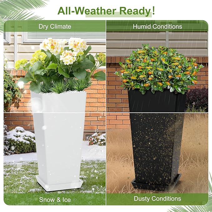 24" Tall Planters for Outdoor Plants, Set of 2 Large Outdoor Planters for Front Porch Decor with Drainage Hole, Front Porch Decor (Black)
