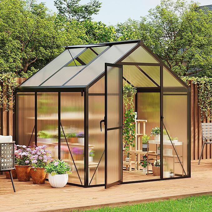 6×6 FT Greenhouse, Large Walk in Greenhouses for Outdoors and Garden Planting, Polycarbonate Greenhouse with Enhanced Aluminum Frame, Green Houses with Quick Setup Structure and Roof Vent, Black