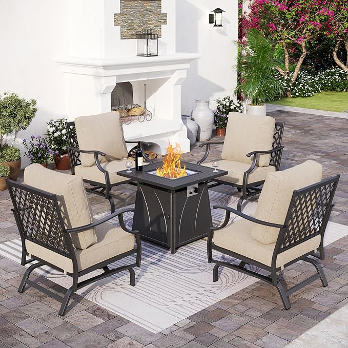 SUNSHINE VALLEY Patio Furniture Set with Firepit Table, 5 Piece Metal Outdoor Patio Furniture Set for 4, 4 Rocking Chairs with 5.75" Extra Thick Cushion and Gas Firepit Table for Backyard Deck Garden