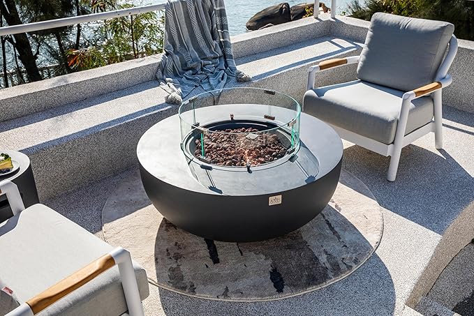 AMS Creations | Eclipse 44" Bundle Round Cast Concrete Propane Gas Fire Pit Bowl Table | Dark Gray | Smooth Texture Surface | Electronic Ignition | Outdoor Patio Heater Outside Backyard Fireplace
