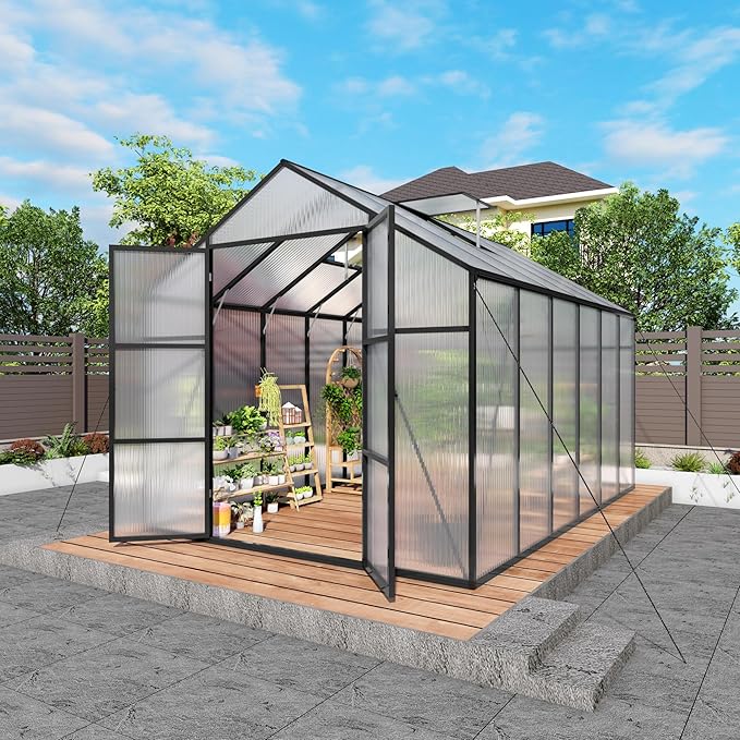 KEIKI Aluminum 8x12 FT Walk-in Polycarbonate Greenhouse, Outdoor Gardening Greenhouse with Raised Base, Roof Vent & Weather-Resistant Panels, Black