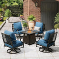 Patio Furniture Set with Fire Pit Table, 5 Pcs Metal Outdoor Conversation Set, 4 Swivel Chairs with 5.75" Extra Thick Cushion and 28" Fire Pit Table for Backyard Deck, Green Blue