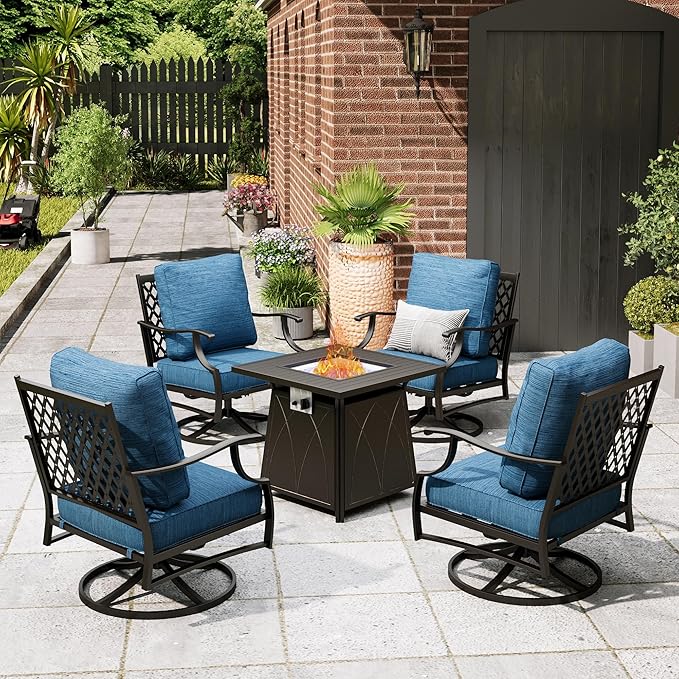 Patio Furniture Set with Fire Pit Table, 5 Pcs Metal Outdoor Conversation Set, 4 Swivel Chairs with 5.75" Extra Thick Cushion and 28" Fire Pit Table for Backyard Deck, Green Blue