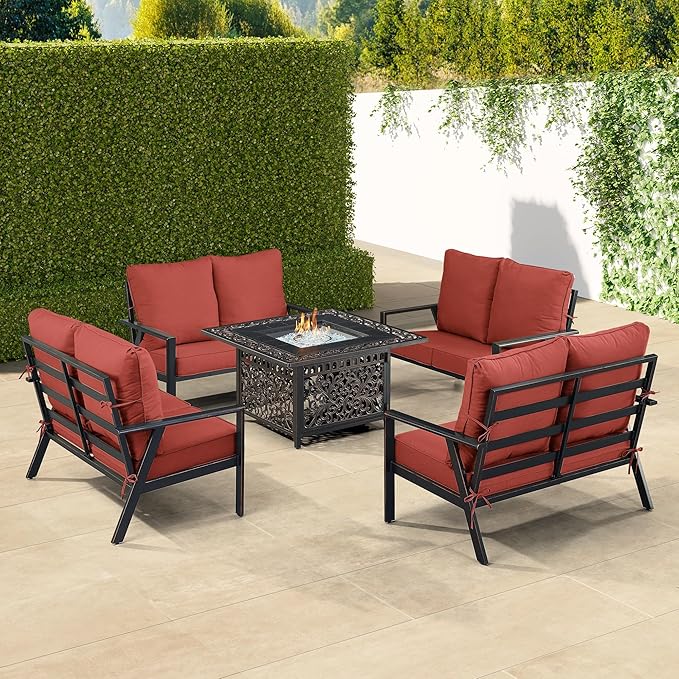 Oakland Living Black Aluminum Patio Fire Table Set with Four Deep Seating Loveseats with Cushions with Red Cushions