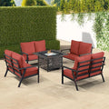 Oakland Living Black Aluminum Patio Fire Table Set with Four Deep Seating Loveseats with Cushions with Red Cushions