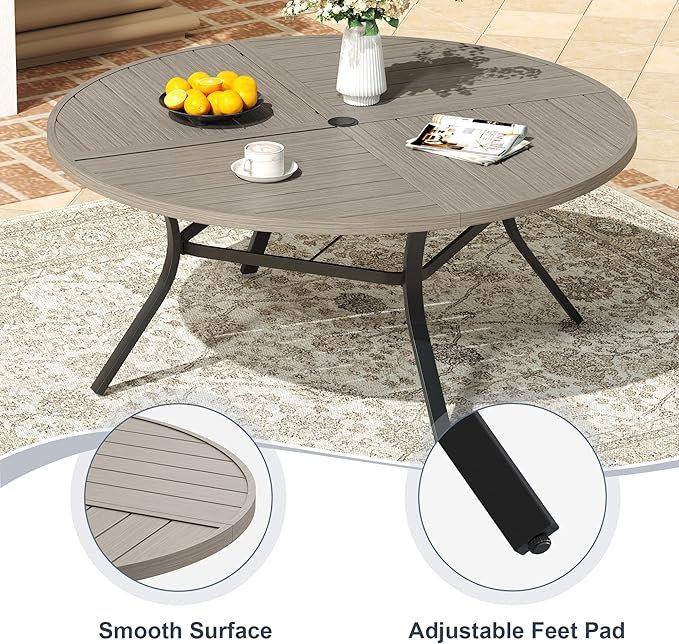 VICLLAX Round Patio Dining Table, 6 Person Metal Outdoor Dining Table with Umbrella Hole and Storage Shelf for Garden Lawn Deck, 50" Grey