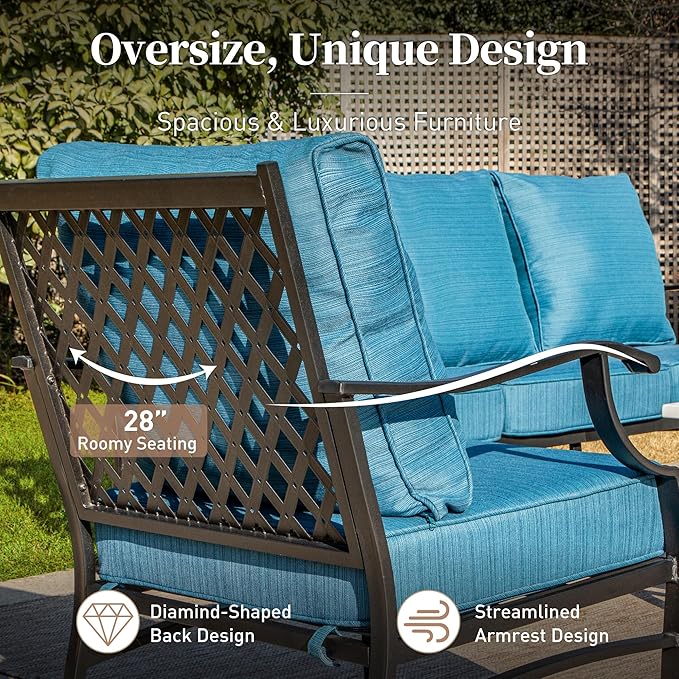 SUNSHINE VALLEY 4 Piece Metal Outdoor Patio Furniture Sets with 5000 BTU Firepit Table, Patio Conversation Sets 3-seater Sofa, 2 Swivel Chair with 5.75" Thick Cushion, Black Backyard Furniture, Blue-2
