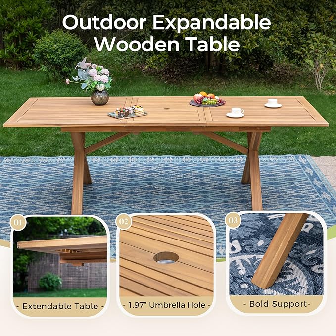 MIXPATIO Acacia Wood Outdoor Dining Set, 7 Pieces Patio Dining Table and Chairs Set, Expandable Dining Table(1.97" Umbrella Hole) and 6 Wooden Chairs, Patio Furniture Set for Deck Poolside Backyard