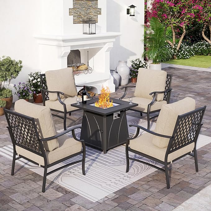 SUNSHINE VALLEY Patio Furniture Set with Firepit Table, 5 Piece Metal Outdoor Patio Furniture set for 4, 4 Single Chairs with 5.75" Extra Thick Cushion and Gas Firepit Table for Backyard Poolside Deck