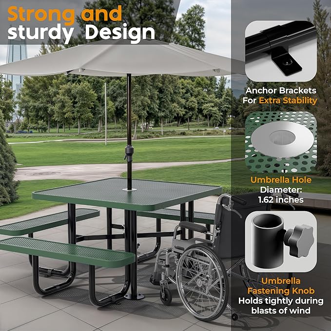 Metal Picnic Tables for Outdoors with Umbrella Hole - Coated Steel Heavy Duty Commercial Grade Furniture with Adjustable Seats (Green, 46 in, Square, Punched Steel)