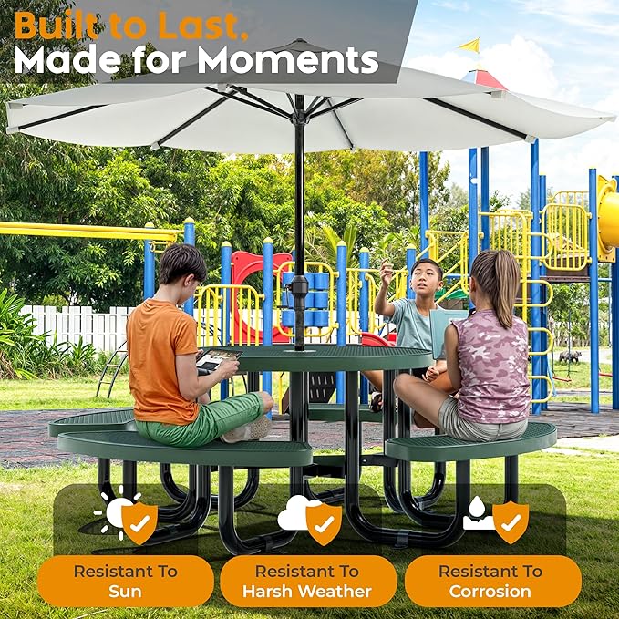 OUTTANS Round Metal Picnic Tables for Kids for Outdoors with Umbrella Hole, Adjustable Seats for School, Park, Playground (Green, 38 in, Kids, Expanded Steel)