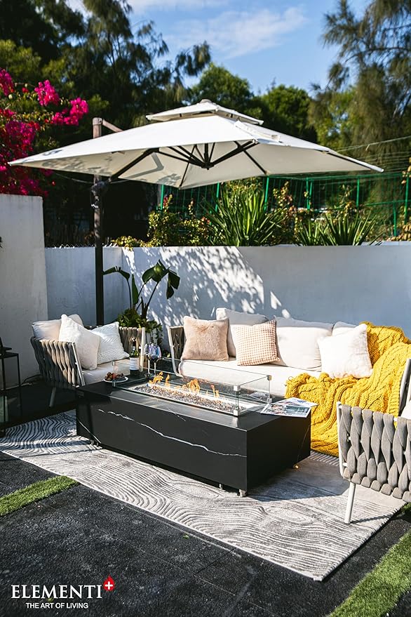 Elementi+ | Bundle Varna Gas Fire Pit | Marble Porcelain & Metal Frame | 60" Rectangular Fire Table | Electronic Ignition | Canvas Cover, Fire Glass & Burner Lid Included | Black | Natural Gas
