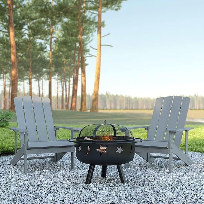 EMMA + OLIVER Campfire Set - Two Gray Poly Resin Adirondack Chairs - 29" Star and Moon Fire Pit with Mesh Cover - Weather Resistant - Wood Burning Fire Pit