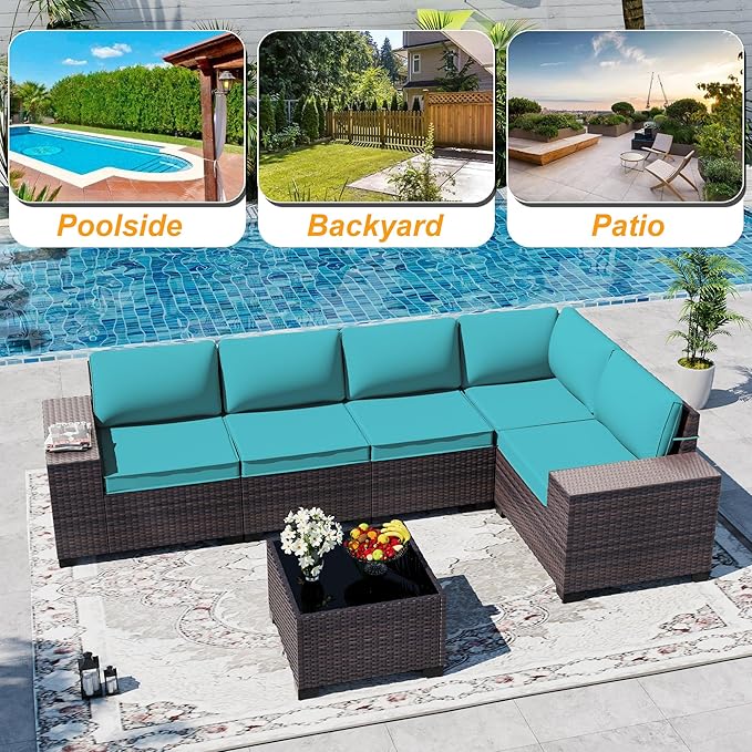Outdoor Patio Furniture Set, 6 Pieces Outdoor Sectional Furniture High Backrest Patio Sofa, All-Weather PE Rattan Patio Conversation Set with Coffee Table & Cushions(Teal).