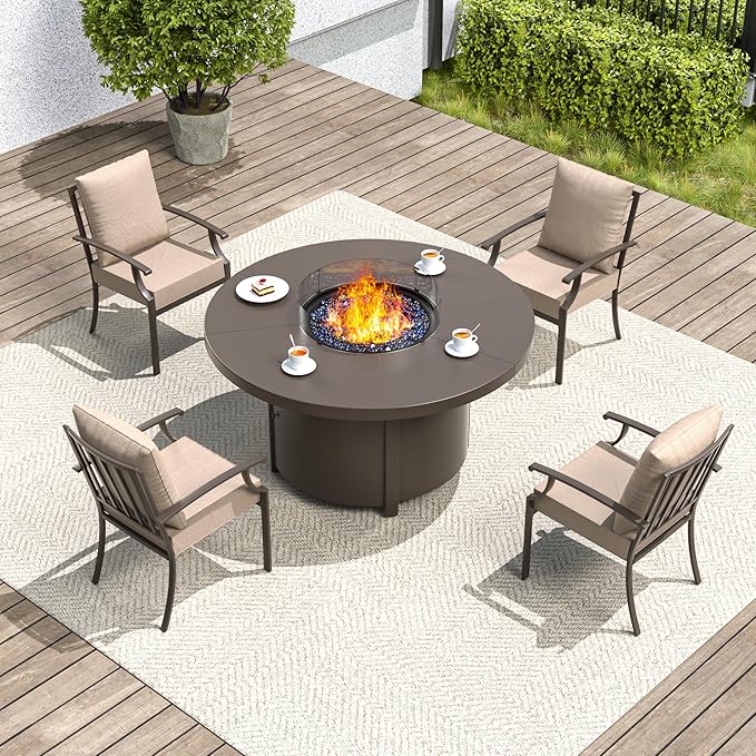 5 Pieces Patio Furniture Set with Round Fire Pit Table, Outdoor Conversation Sets 4 Chairs with Upgrade Cushions for Patio, Backyard Brown