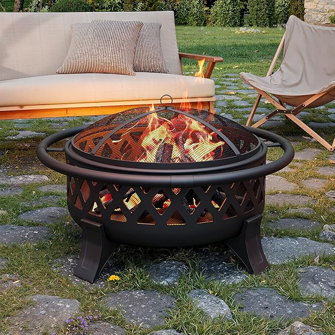 Outdoor Fire Pit with Spark Screen Cover, 37 Inch Wood Burning Fire Pit with Stoker Tool, Portable Firepits for Outside Camping, Patio, Backyard