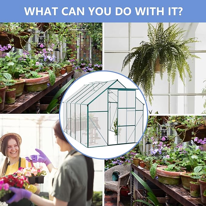 6×10 FT Polycarbonate Greenhouse for Outdoors with Raised Base & Anchor, Heavy-Duty Walk-in Aluminum Green House Kit with Sliding Door & Roof Vent, Outdoor Greenhouse for Backyard Garden, Green