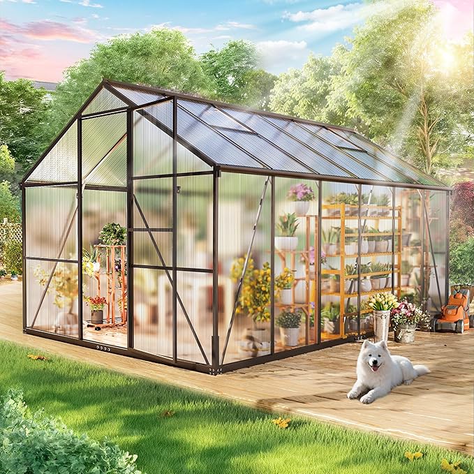 Wanan 12x8FT Greenhouses for Outdoors, Quick Assembly Polycarbonate Green House with UV Protection, Heavy Duty Windproof Aluminum Frame, Adjustable Roof Vent for Backyard or Outdoor Garden Use