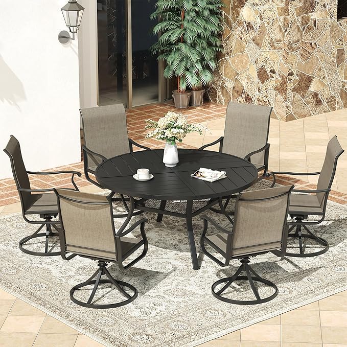 VICLLAX Round Patio Dining Table, 4-6 Person Metal Outdoor Dining Table with Umbrella Hole and Storage Shelf for Garden Lawn Deck, 47.2" Black