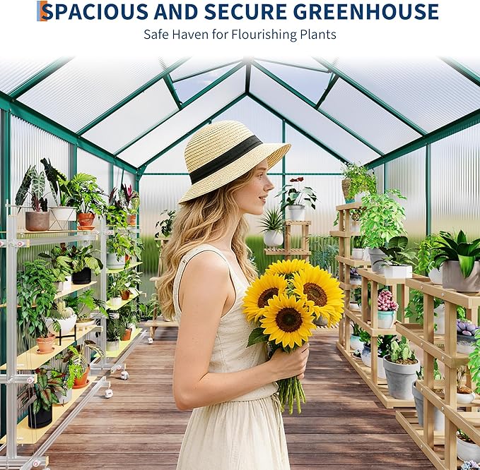 Garvee 6 x 8 FT Outdoor Greenhouse, Polycarbonate Greenhouses with Aluminum Frame, Sliding Door, Adjustable Roof Vent for Backyard, Green Houses for Outside Garden Backyard, Patio, Green