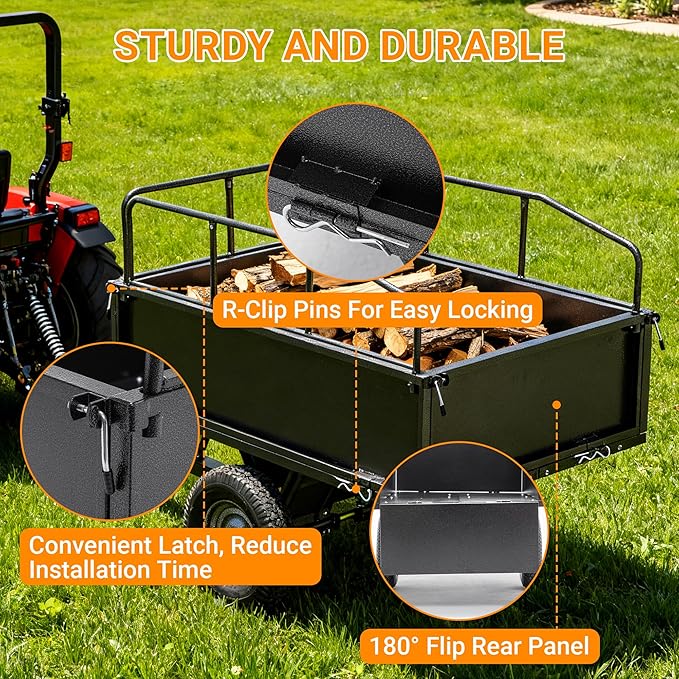 Heavy Duty ATV UTV Trailer Tow Behind Dump Cart, Yard Garden Trailer Pull Behind Dump for Lawn Mower Tractor Garden Waste (600pound&17cu.ft)