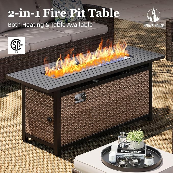 HERA'S HOUSE Swivel Glide Patio Furniture Set with 56" Fire Pit Table, 6 Pieces Outdoor Wicker Sectional Conversation Sofa Sets for Lawn Backyard Deck, Beige