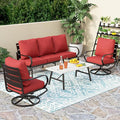 PHI VILLA 4 Piece Patio Furniture Sets for 5 Person with 1 x 3-Seat Deep Seating Bench, 2 x Cushioned Swivel Sofa Chairs & 1 x Coffee Table, Outdoor Metal Conversation Set for Lawn Garden, Red